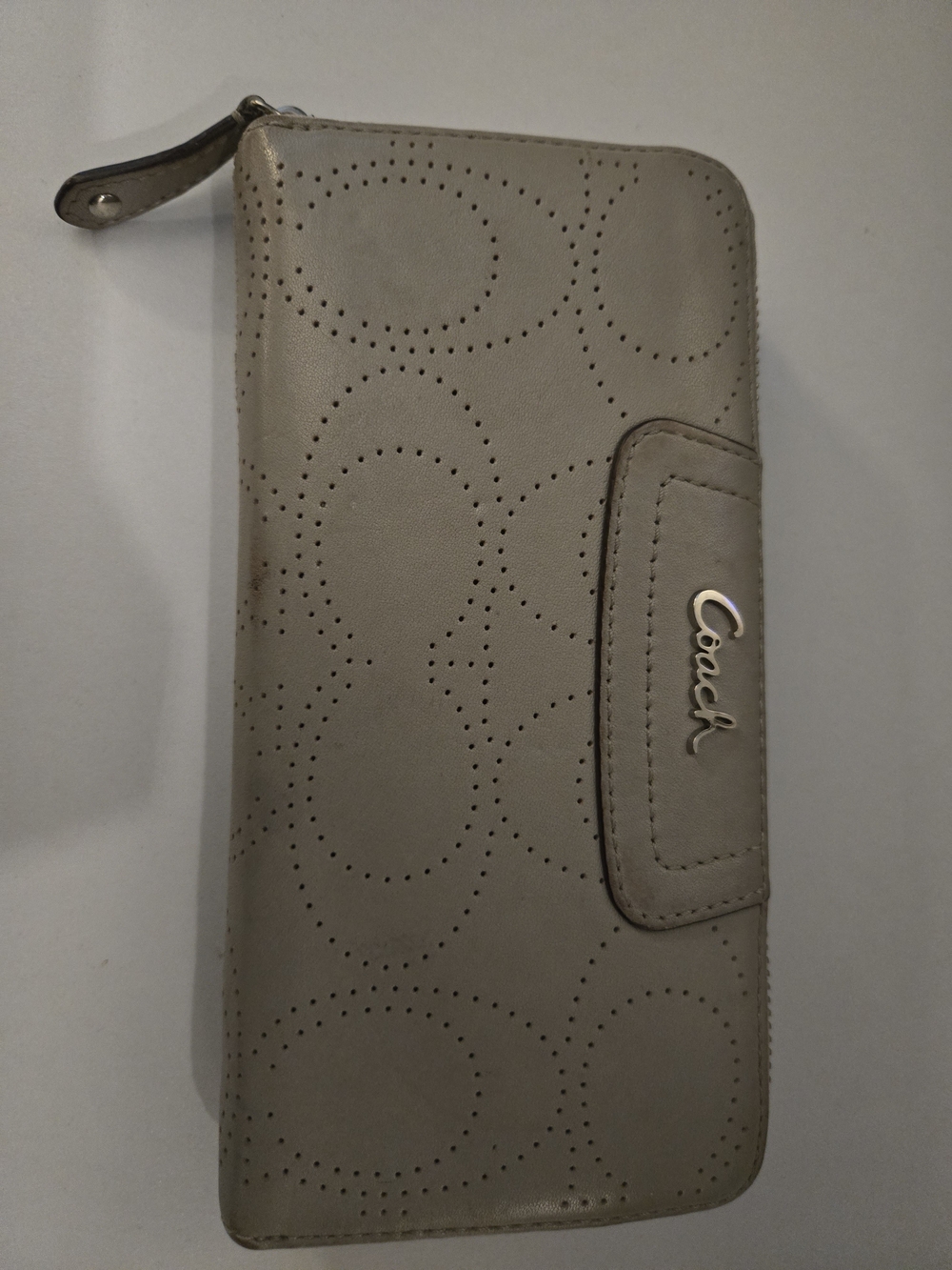 Coach Perforated Leather Zip Phone Wallet in Light Gray